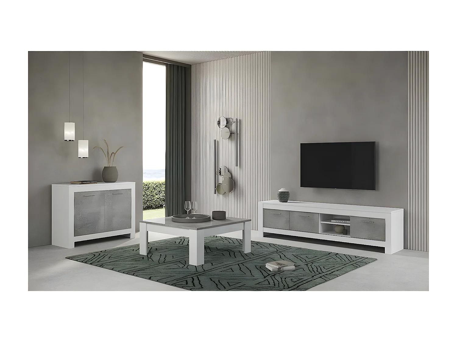 DENAE - Meuble TV 3 Portes L207cm Laqué Blanc Brillant et Gris Marbré