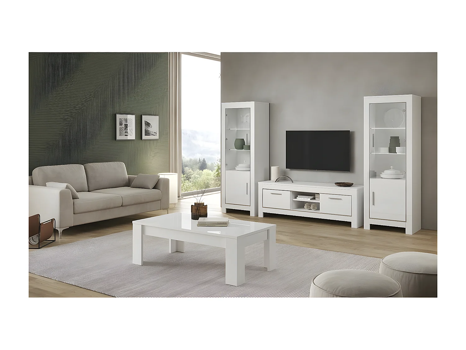 DENAE - Meuble TV 2 Portes L160cm Laqué Blanc Brillant