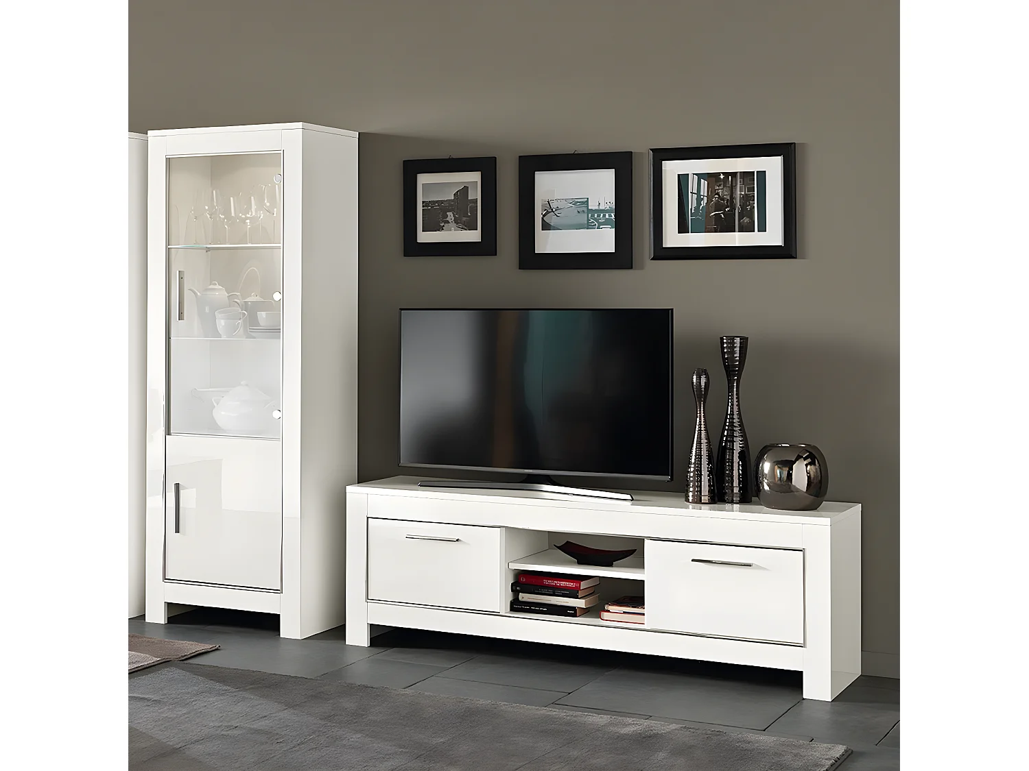 DENAE - Meuble TV 2 Portes L160cm Laqué Blanc Brillant