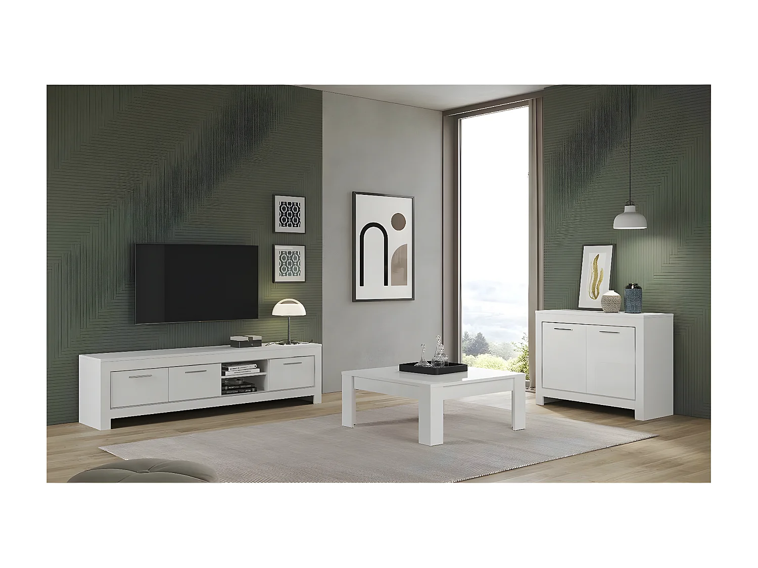 DENAE - Meuble TV 3 Portes L207cm Laqué Blanc Brillant