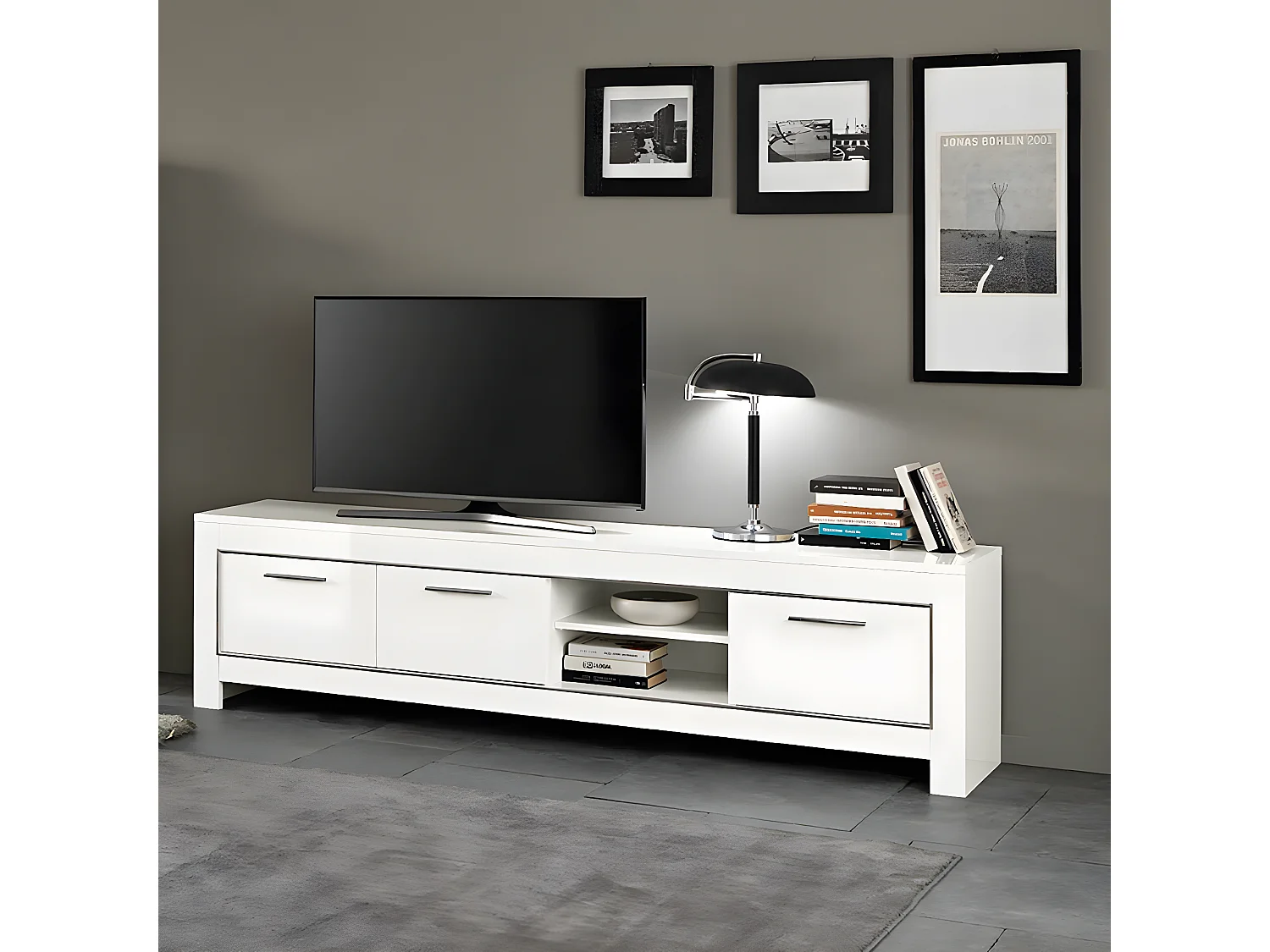 DENAE - Meuble TV 3 Portes L207cm Laqué Blanc Brillant
