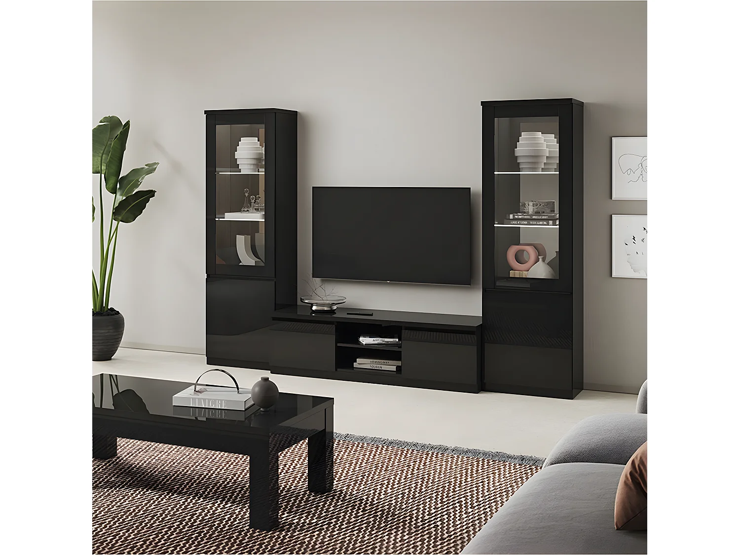 DEYTON - Meuble TV 2 Portes Laqué Noir Brillant