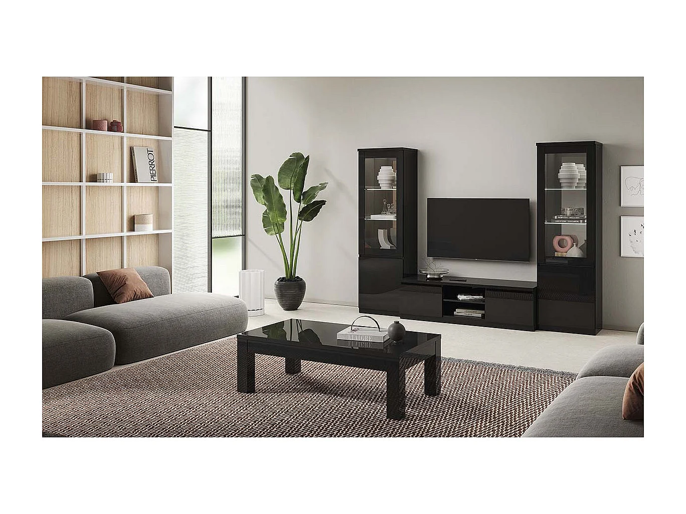 DEYTON - Meuble TV 2 Portes Laqué Noir Brillant