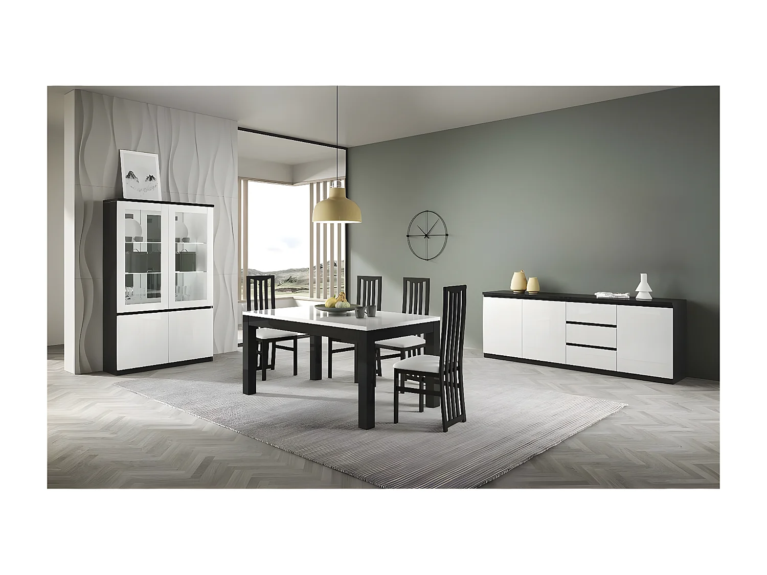 DEYTON - Table Rectangulaire 190x90cm Laquée Noir et Blanc Brillant