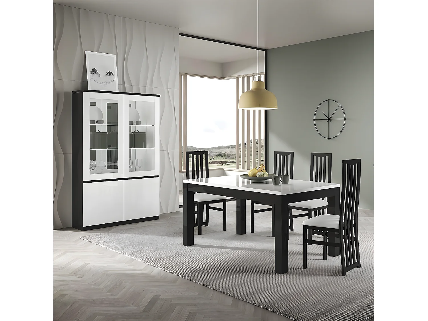 DEYTON - Table Rectangulaire 160x90cm Laquée Noir et Blanc Brillant