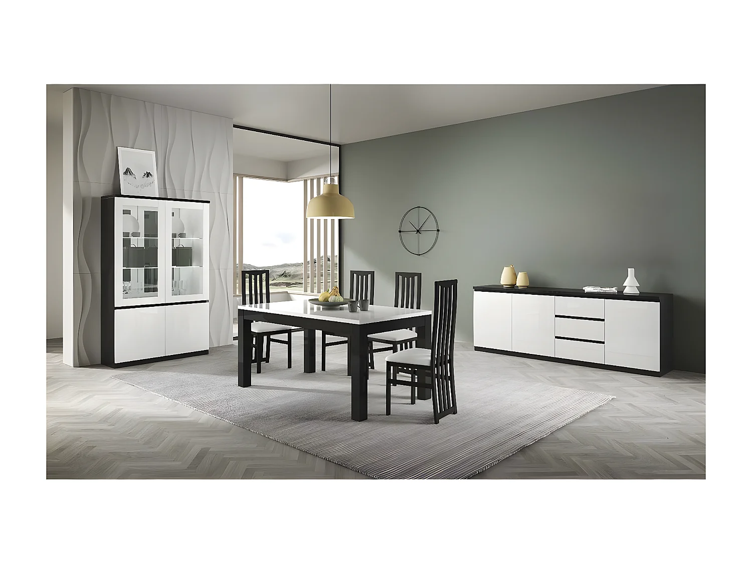 DEYTON - Table Rectangulaire 160x90cm Laquée Noir et Blanc Brillant