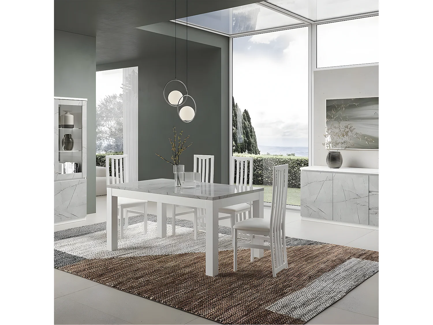 DEYTON - Table Rectangulaire 160x90cm Laquée Blanc et Gris Marbré