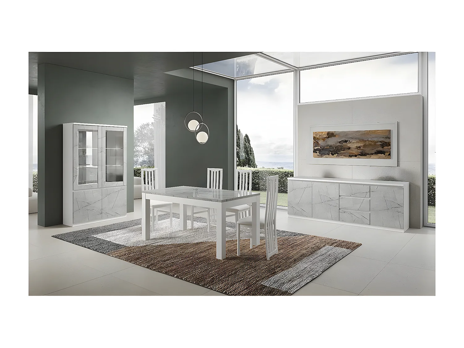 DEYTON - Table Rectangulaire 160x90cm Laquée Blanc et Gris Marbré