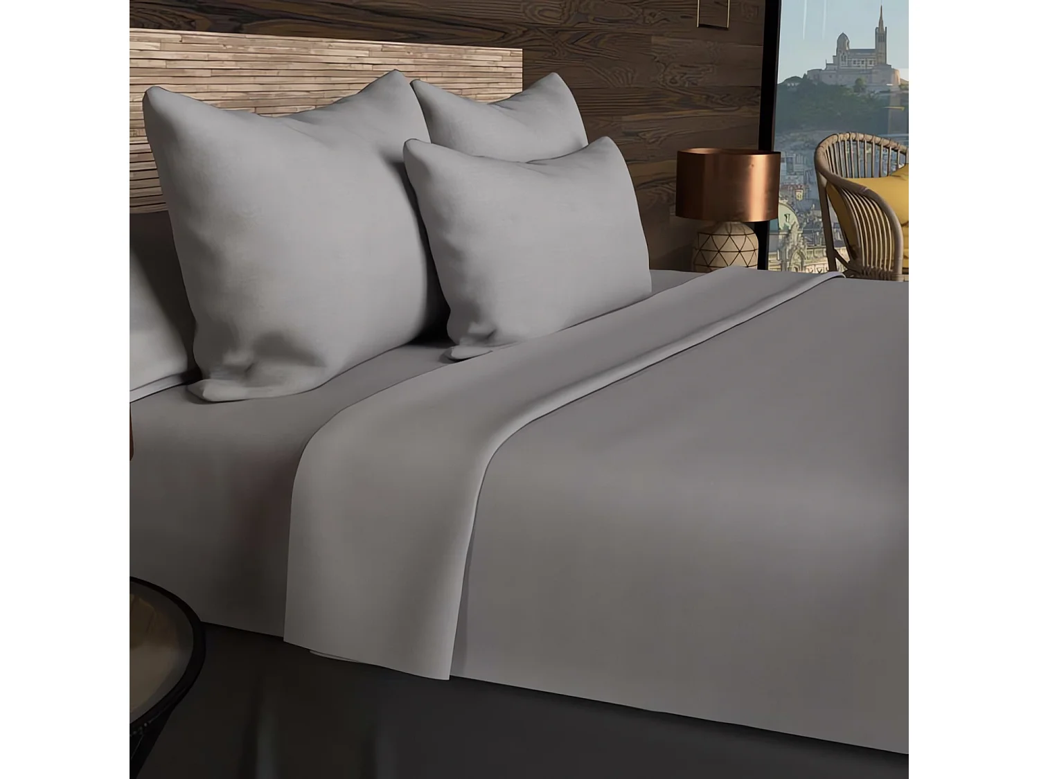 Taie d'oreiller rectangle US 50x75 cm en coton uni 57 Fils SOLEIL D'OCRE gris