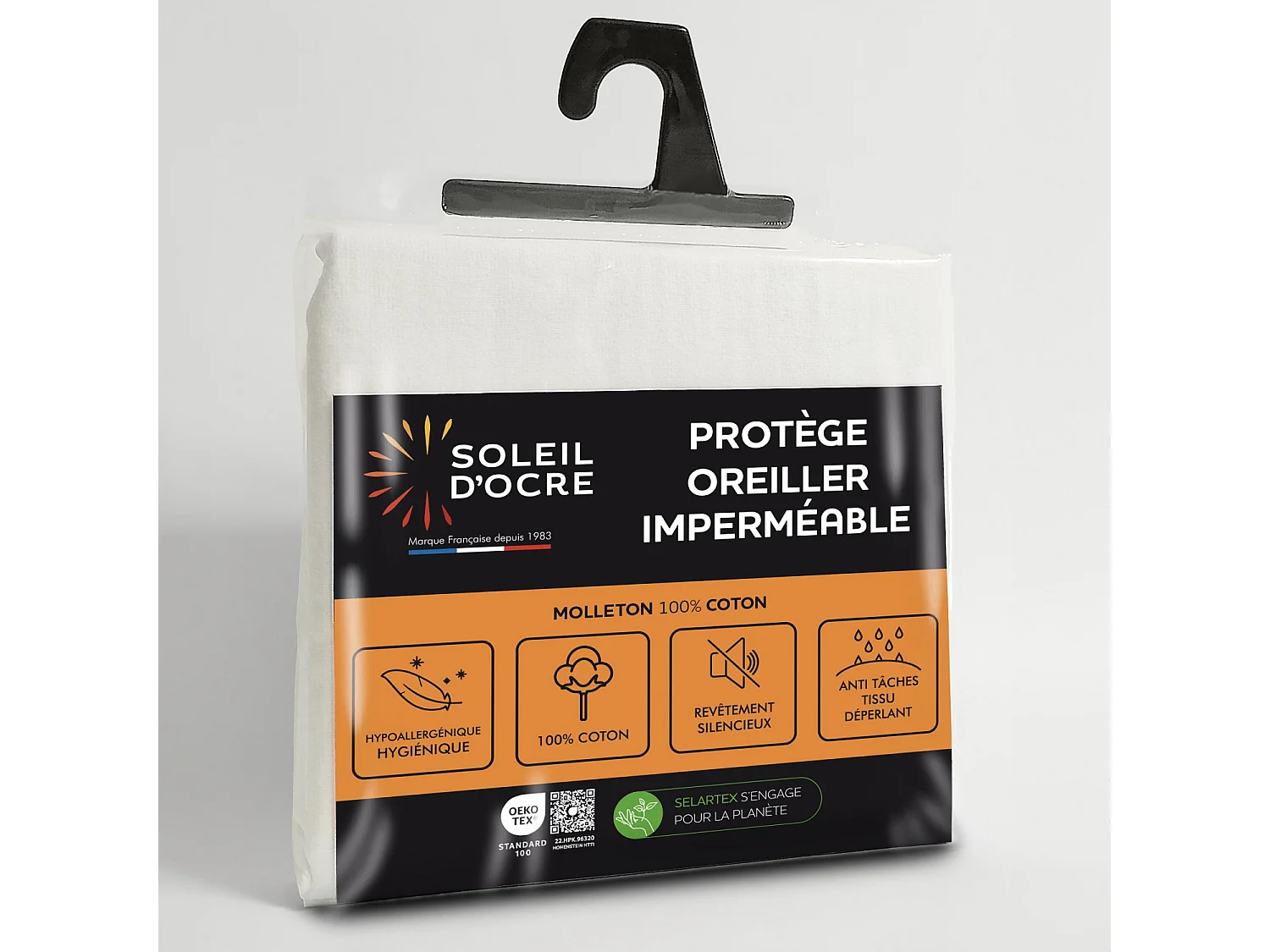 Taie protège oreiller coton 60x60 cm MOLLETON imperméable, par Soleil d'ocre