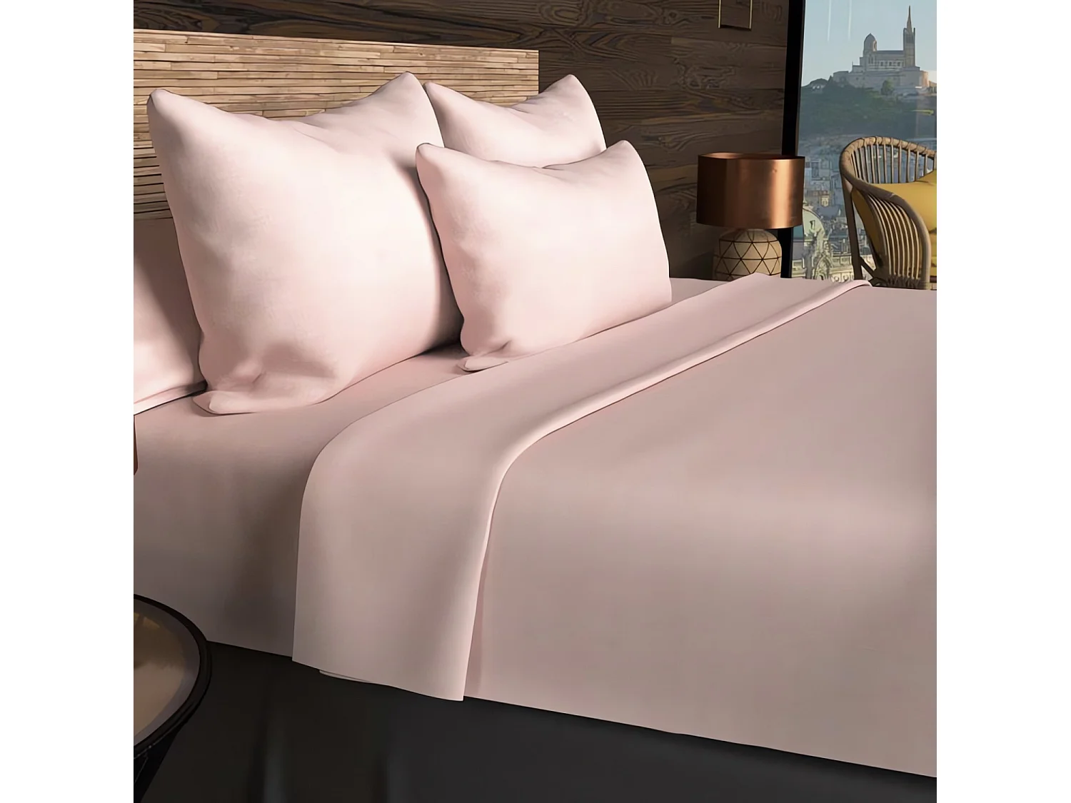 Taie d'oreiller rectangle US 50x75 cm en coton uni 57 Fils SOLEIL D'OCRE rose