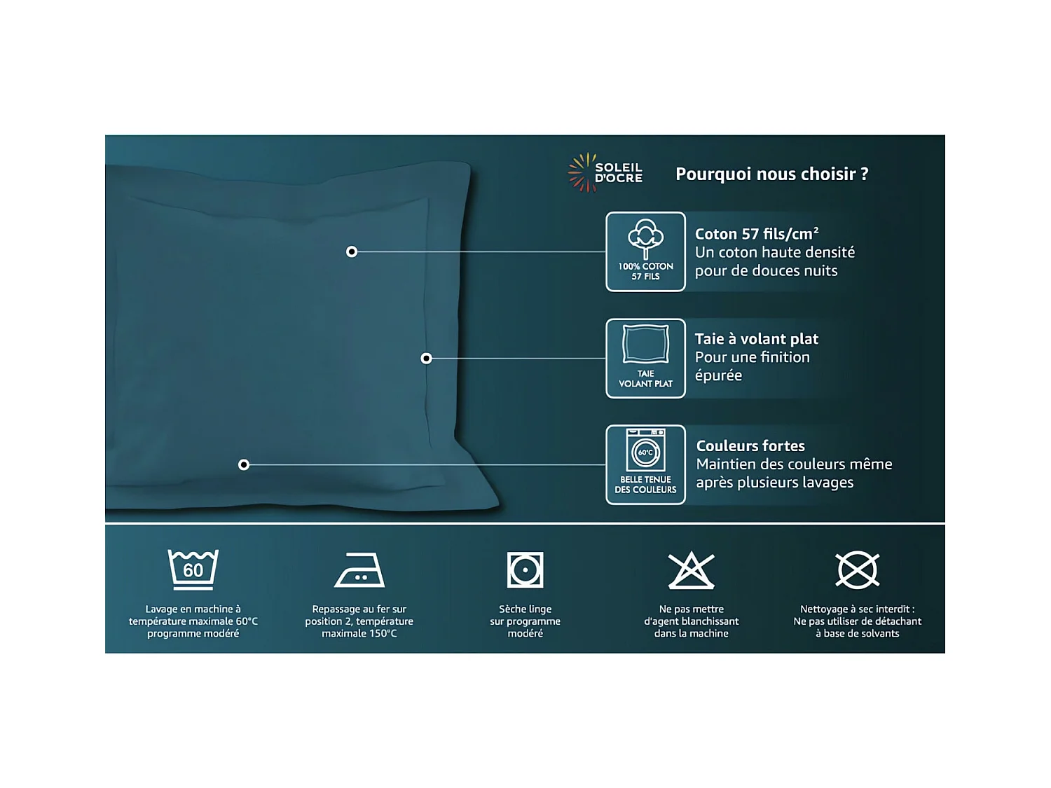 Funda de almohada de algodón 57 hilos 63x63 cm UNI blanco