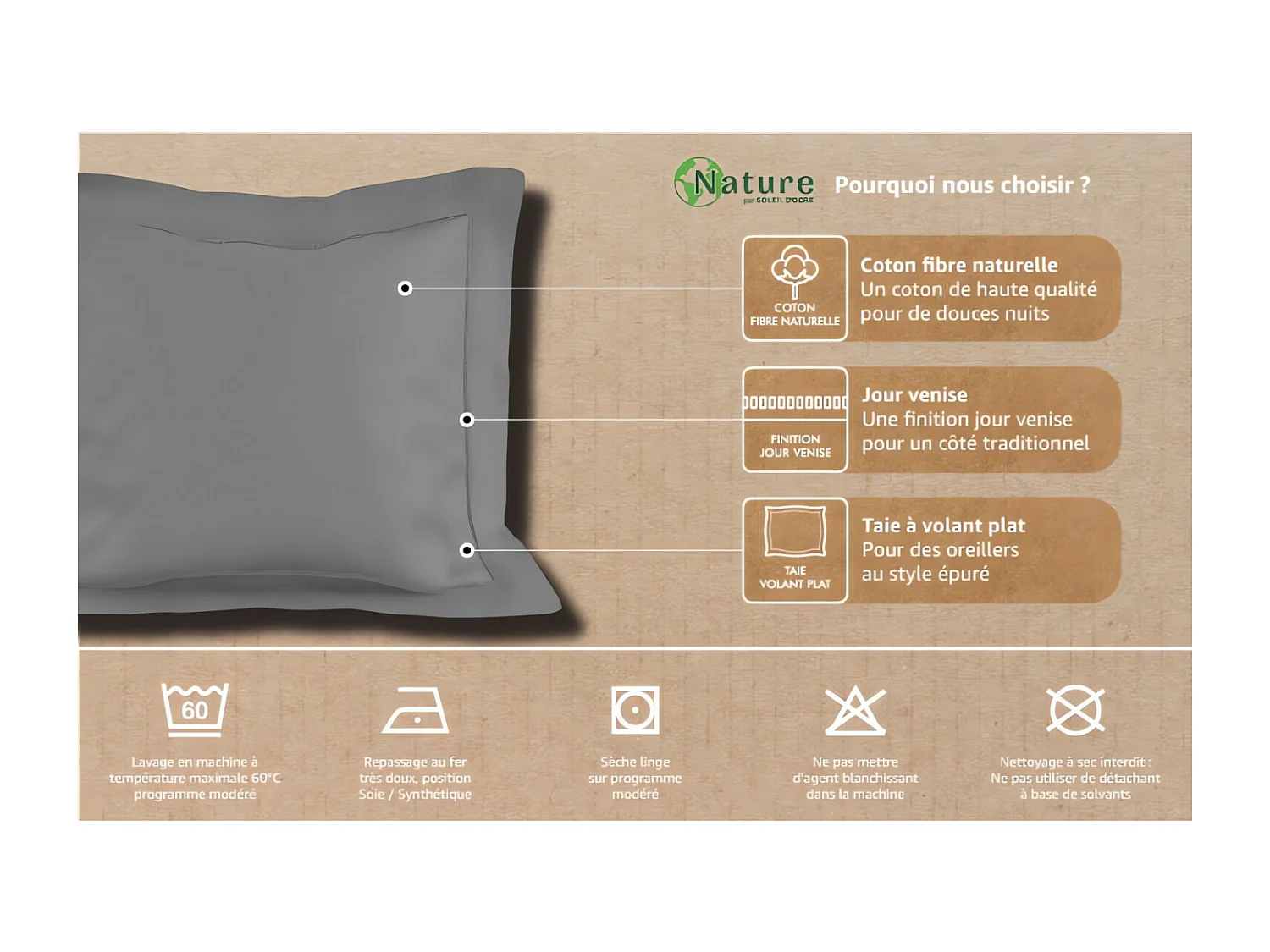 Taie d'oreiller en coton 63x63 cm PERCALE anthracite, par Soleil d'ocre