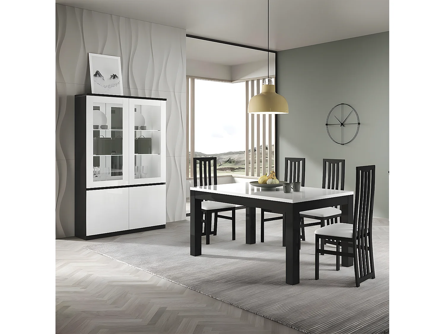 DEYTON - Vitrine 4 Portes Laquée Noir et Blanc Brillant avec Leds