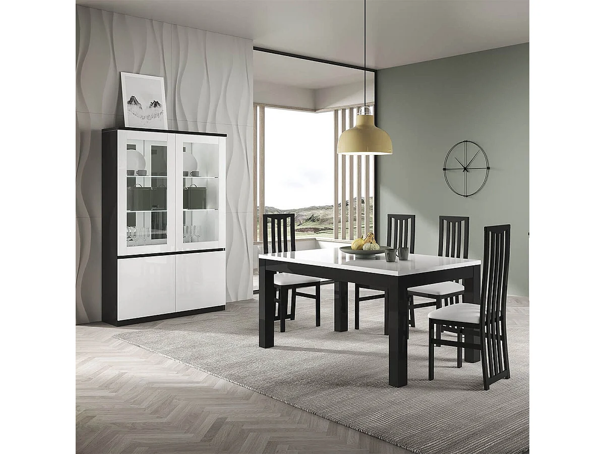 DEYTON - Vitrine 4 Portes Laquée Noir et Blanc Brillant avec Leds