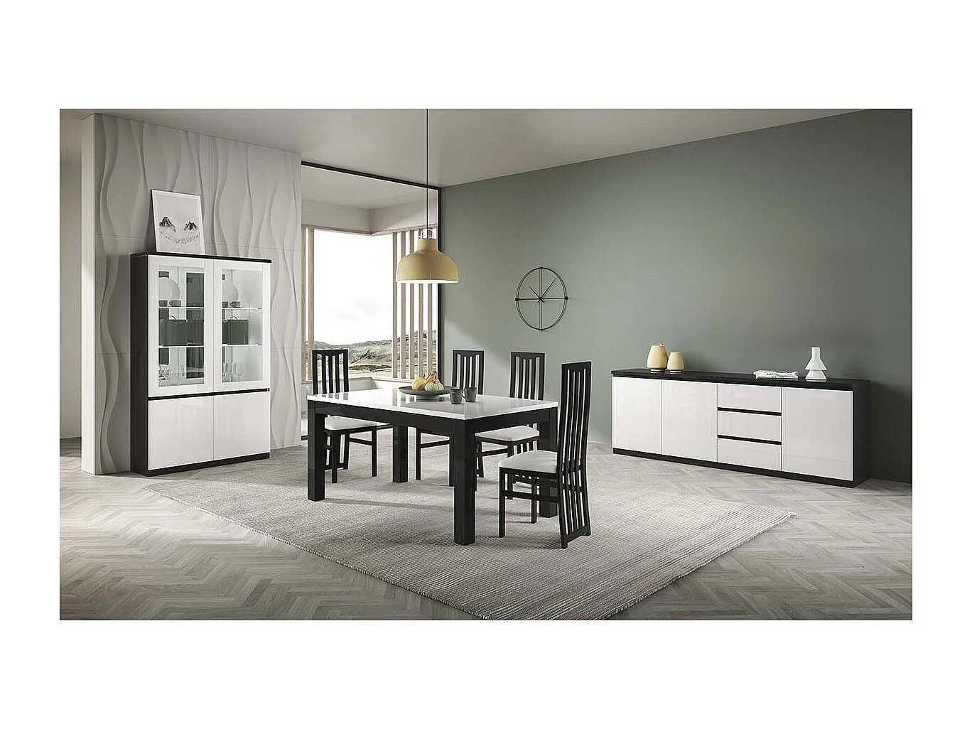 DEYTON - Vitrine 4 Portes Laquée Noir et Blanc Brillant avec Leds