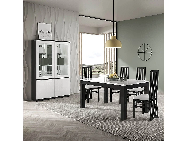 DEYTON - Vitrine 4 Portes Laquée Noir et Blanc Brillant avec Leds