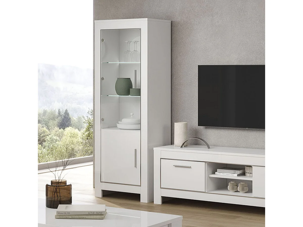 DENAE - Vitrine Gauche Laquée Blanc Brillant avec Eclairage Led