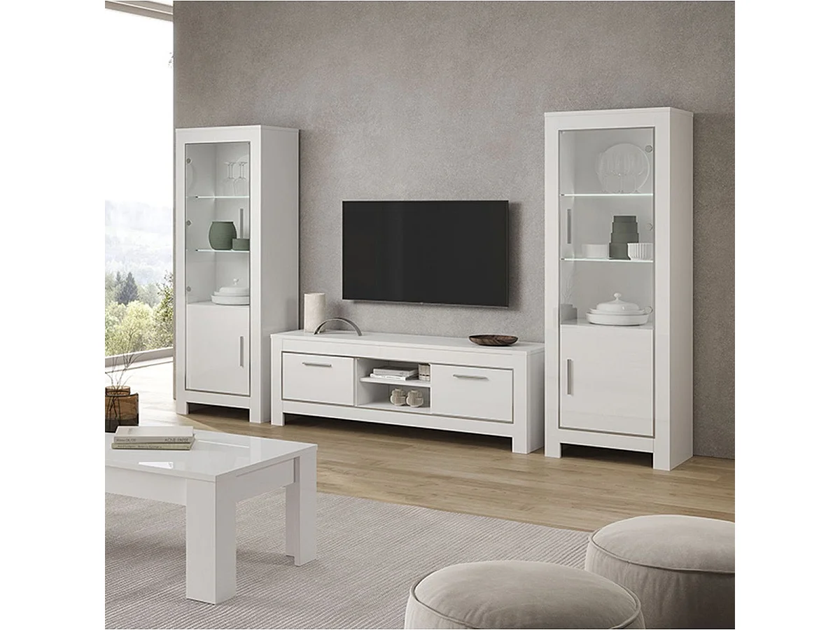 DENAE - Vitrine Droite Laquée Blanc Brillant avec Eclairage Led