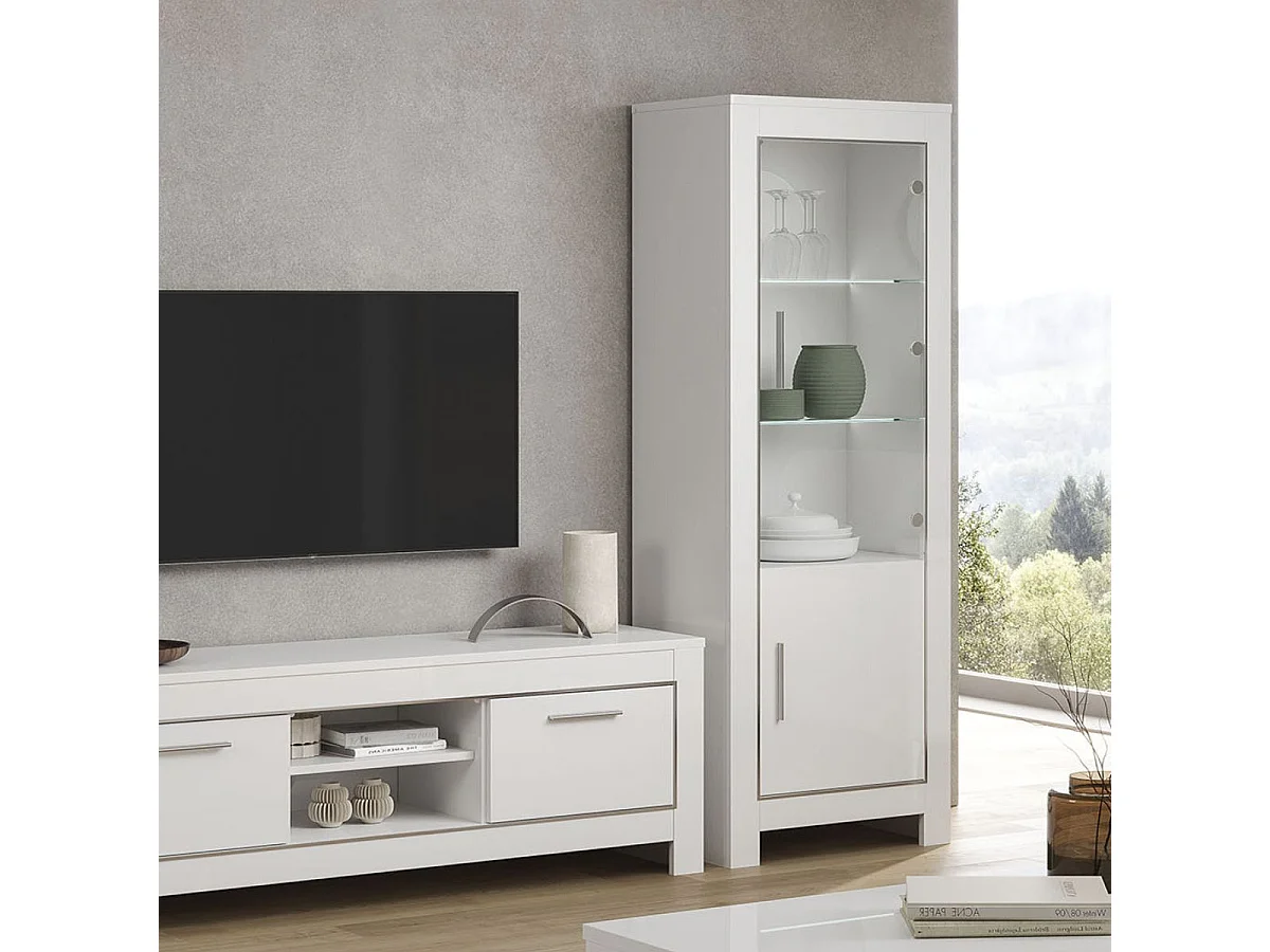 DENAE - Vitrine Droite Laquée Blanc Brillant avec Eclairage Led