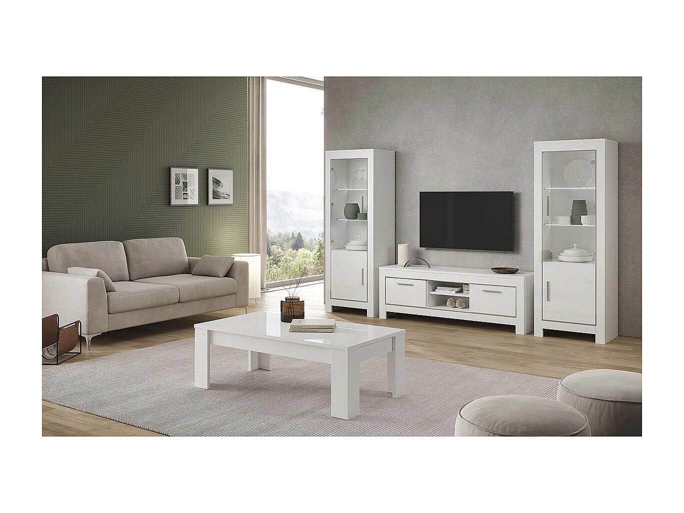 DENAE - Vitrine Droite Laquée Blanc Brillant avec Eclairage Led