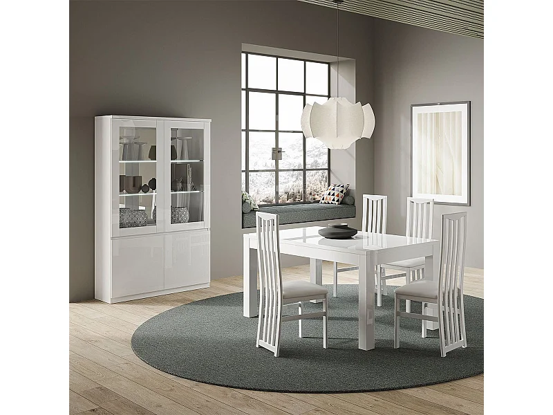 DEYTON - Vitrine 4 Portes Laquée Blanc Brillant avec Leds