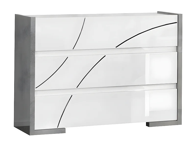 LINEAL - Commode 3 Tiroirs Laquée Blanc et Gris Béton avec Détails Chromés