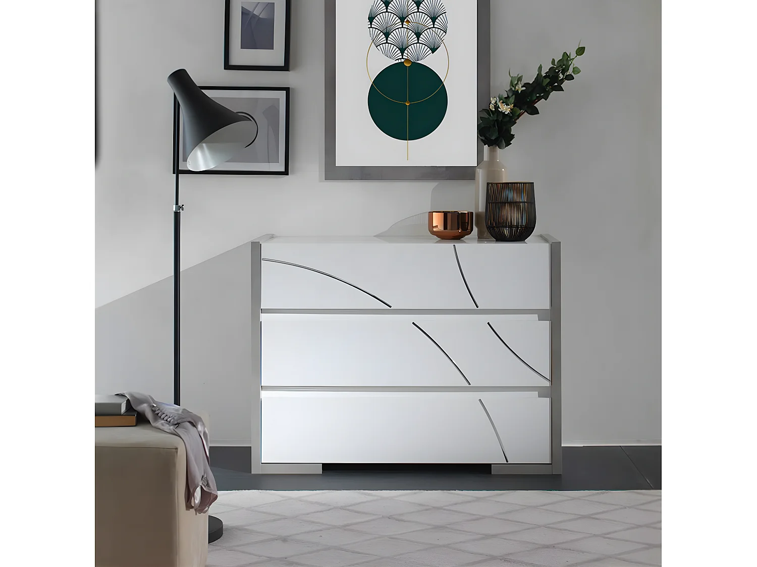 LINEAL - Commode 3 Tiroirs Laquée Blanc et Gris Béton avec Détails Chromés