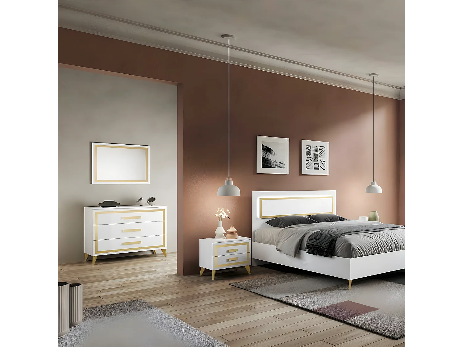 JEMMA - Commode 3 Tiroirs Laqué Blanc et Décor Doré