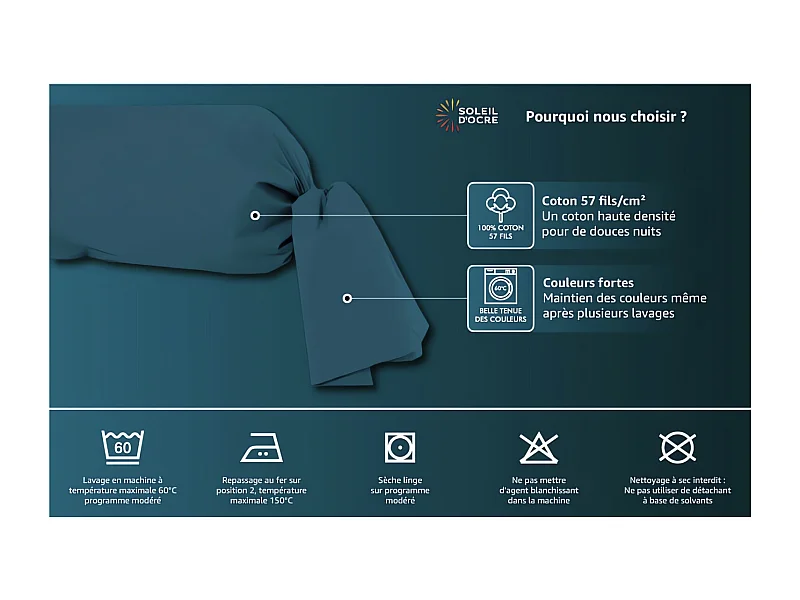 Taie de traversin en coton 57 fils 45x185 cm UNI gris, par Soleil d'ocre