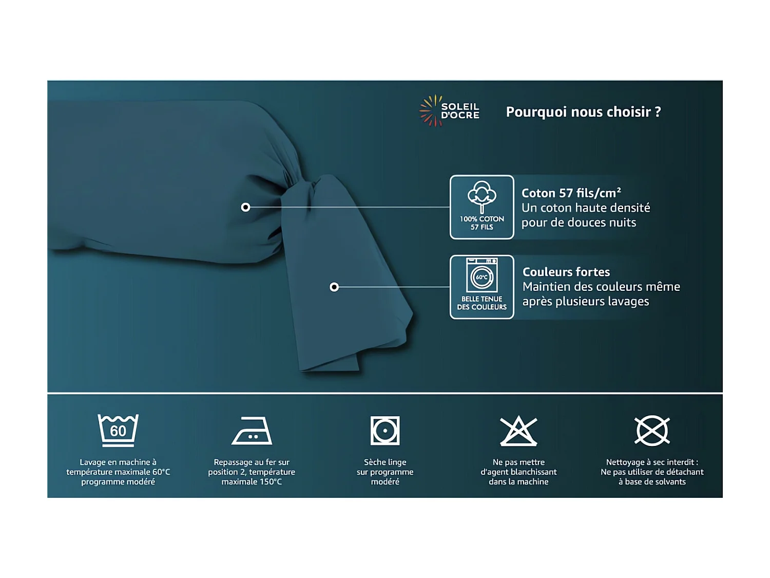 Taie de traversin en coton 57 fils 45x185 cm UNI vert d'eau, par Soleil d'ocre