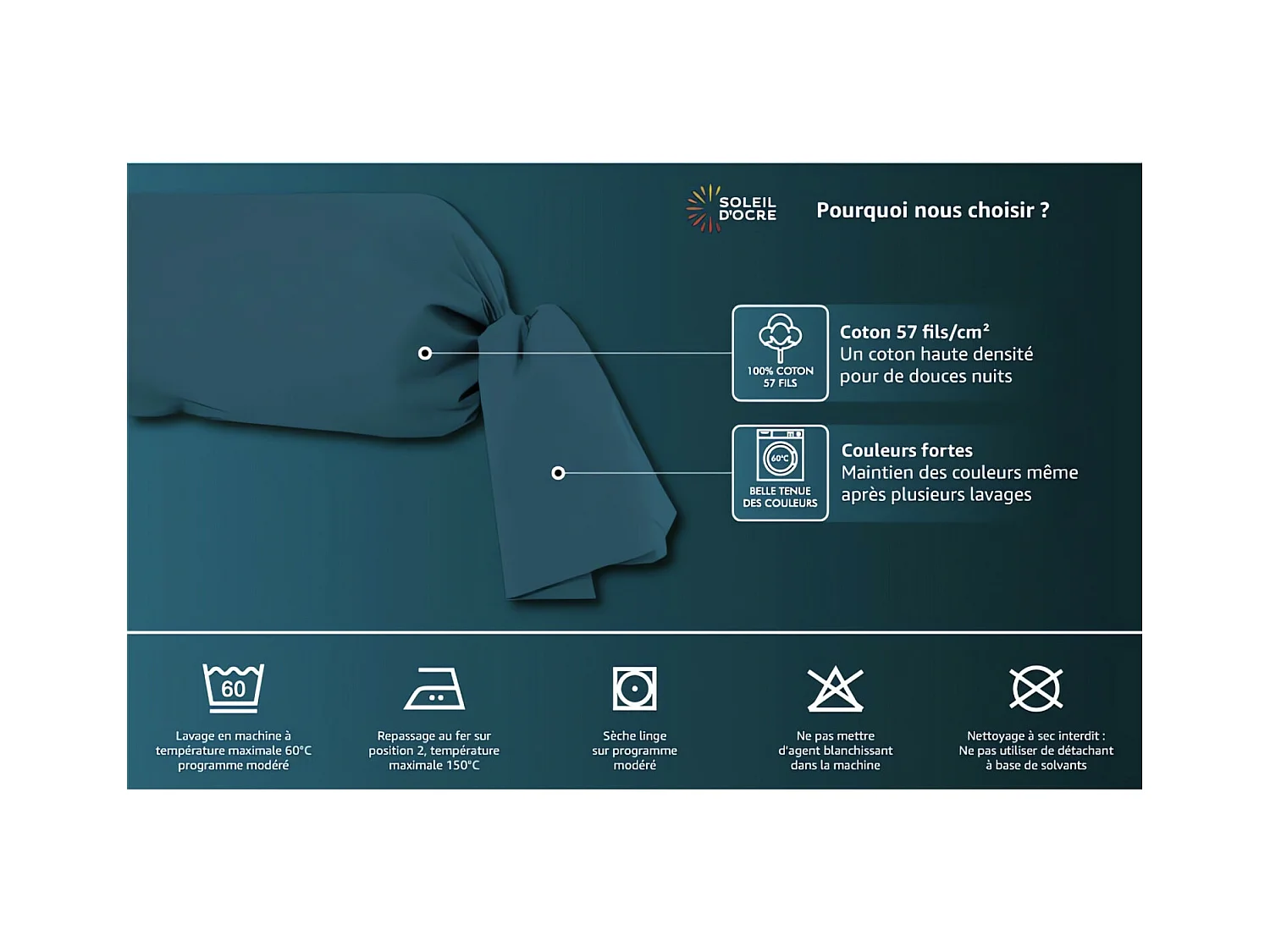 Taie de traversin en coton 57 fils 45x135 cm UNI bleu canard, par Soleil d'ocre