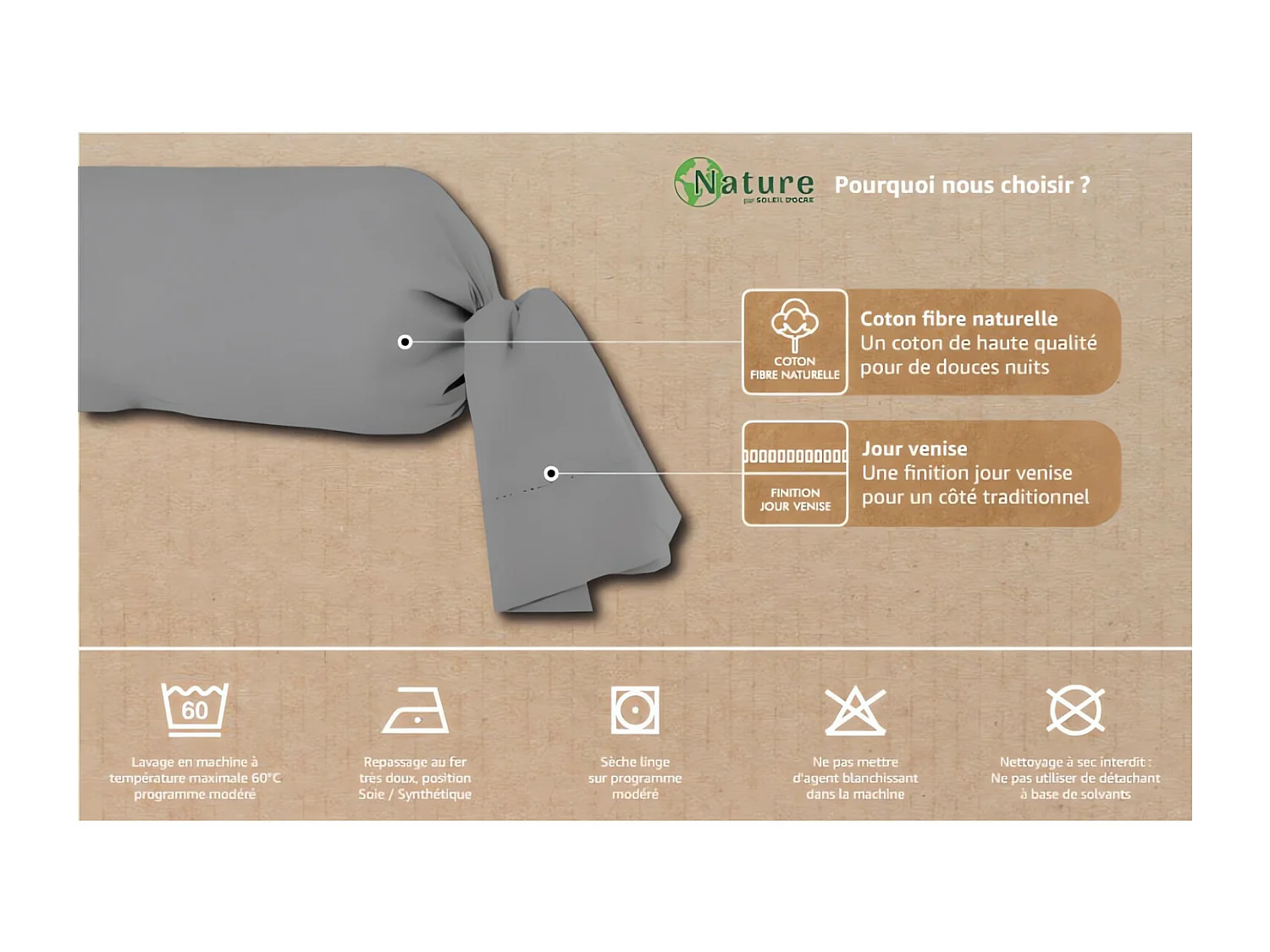 Taie de traversin en coton 45x185 cm PERCALE gris, par Soleil d'ocre