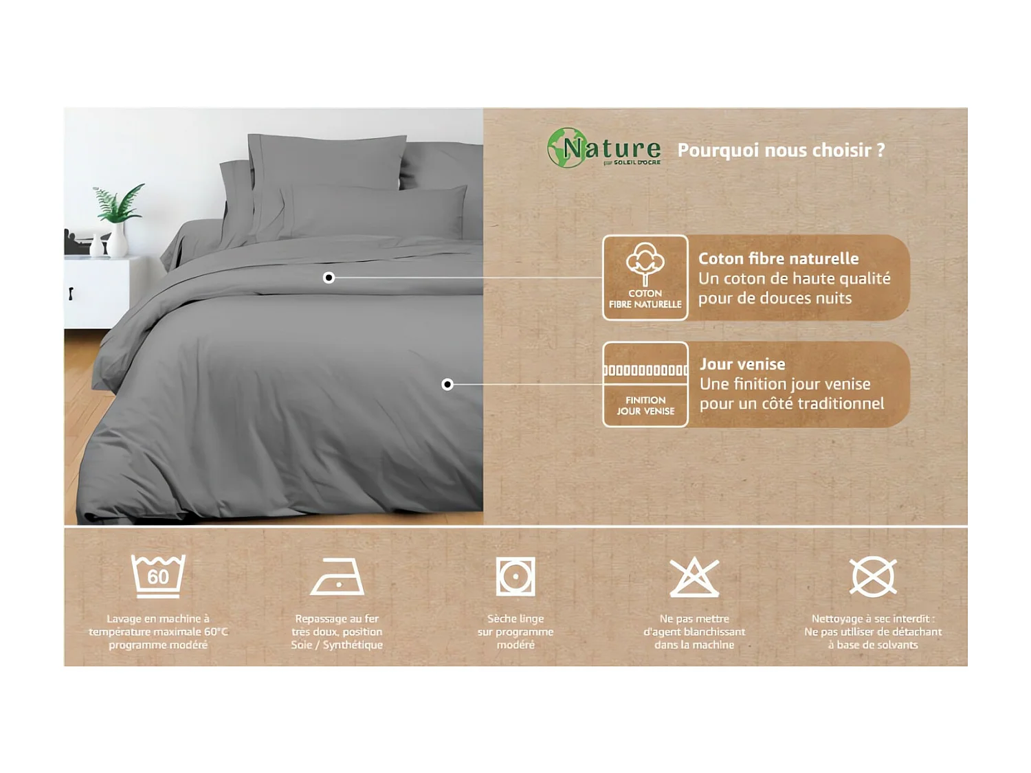 Housse de couette en coton 240x220 cm PERCALE gris, par Soleil d'ocre