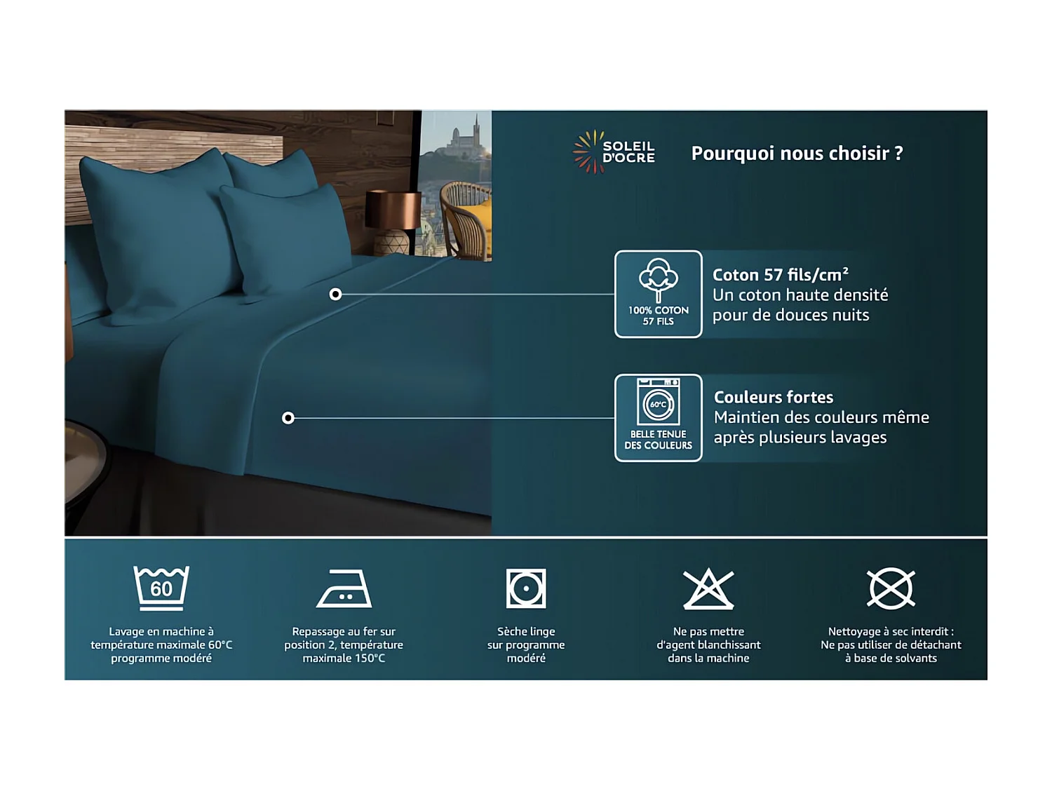 Drap plat en coton 57 fils 180x290 cm UNI blanc, par Soleil d'ocre