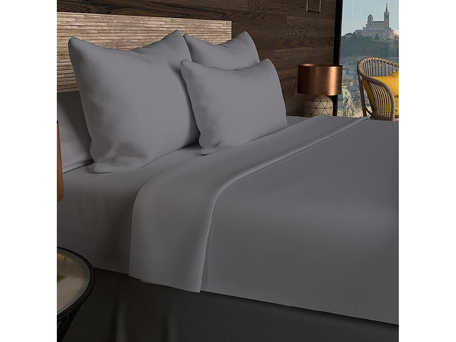 Drap plat en coton 57 fils 260x300 cm UNI gris, par Soleil d'ocre