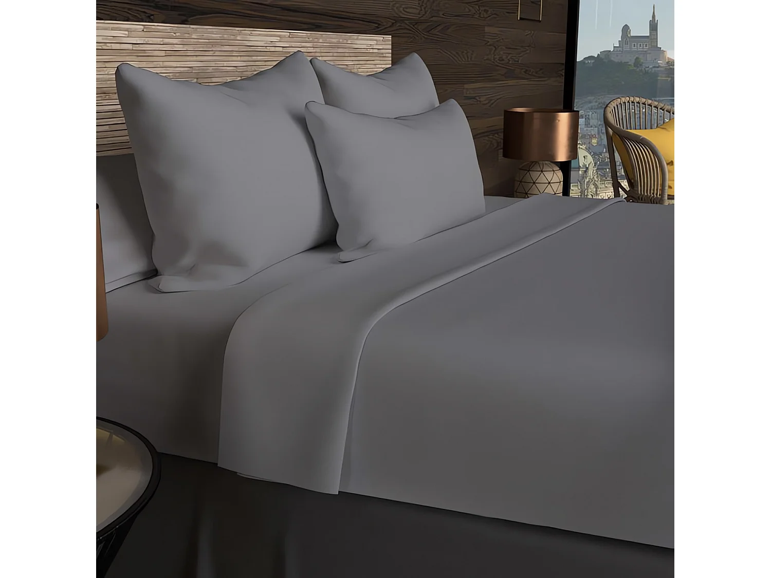 Drap plat en coton 57 fils 180x290 cm UNI gris, par Soleil d'ocre