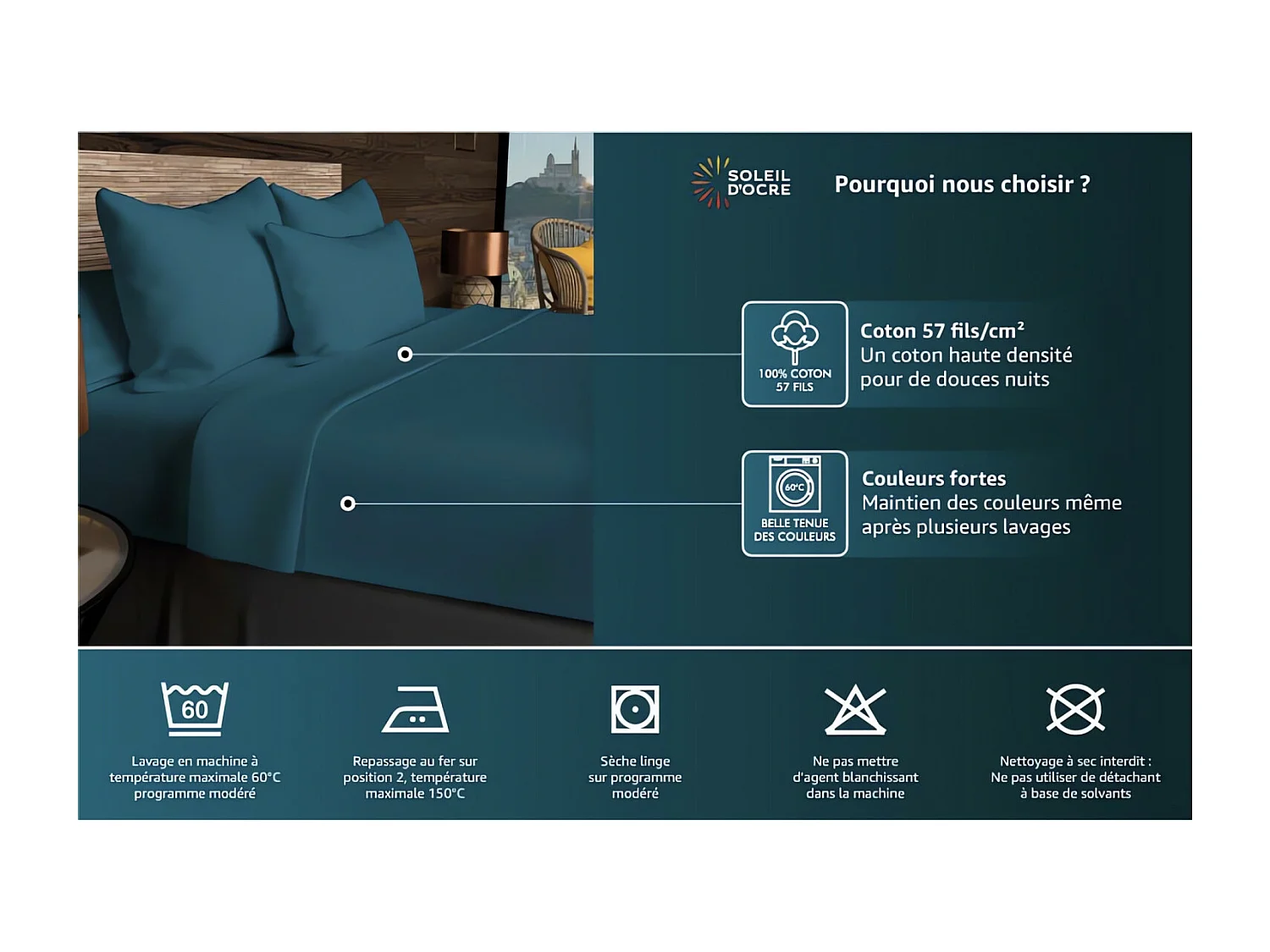 Drap plat en coton 57 fils 180x290 cm UNI gris, par Soleil d'ocre