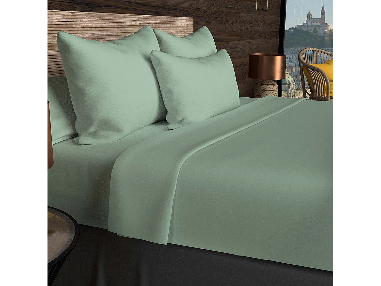 Drap plat en coton 57 fils 260x300 cm UNI vert eau, par Soleil d'ocre