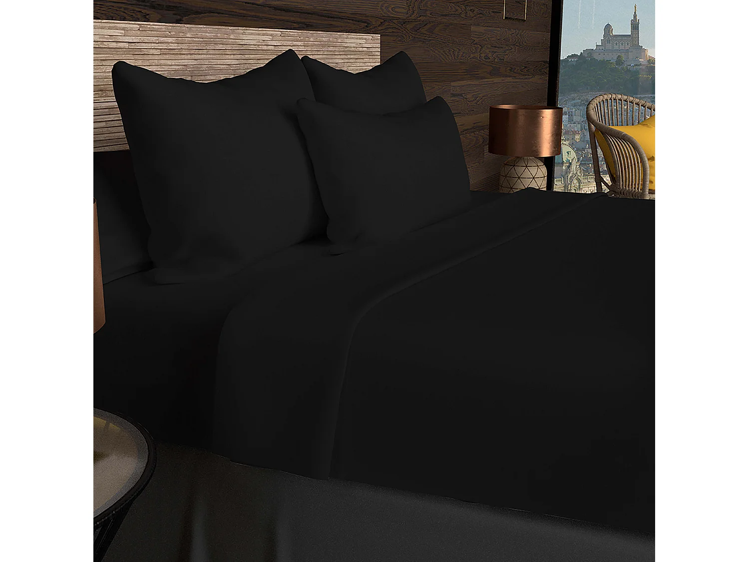 Drap plat en coton 57 fils 260x300 cm UNI noir, par Soleil d'Ocre