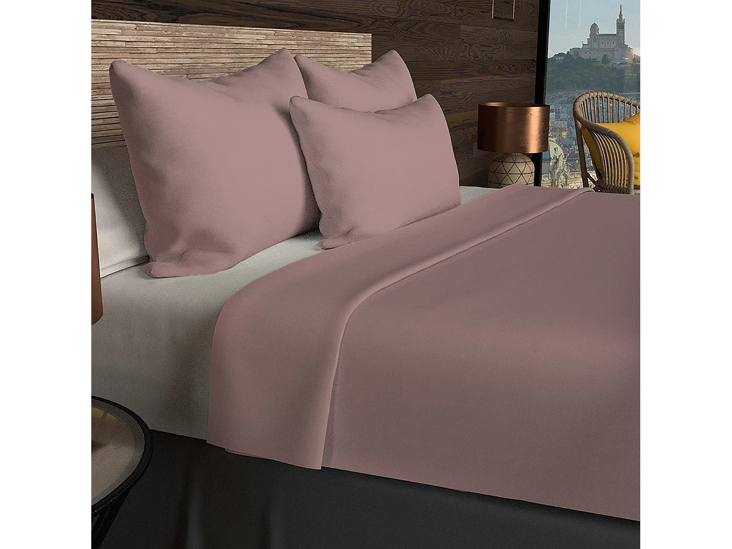 Drap plat en coton 57 fils 260x300 cm UNI vieux rose, par Soleil d'ocre