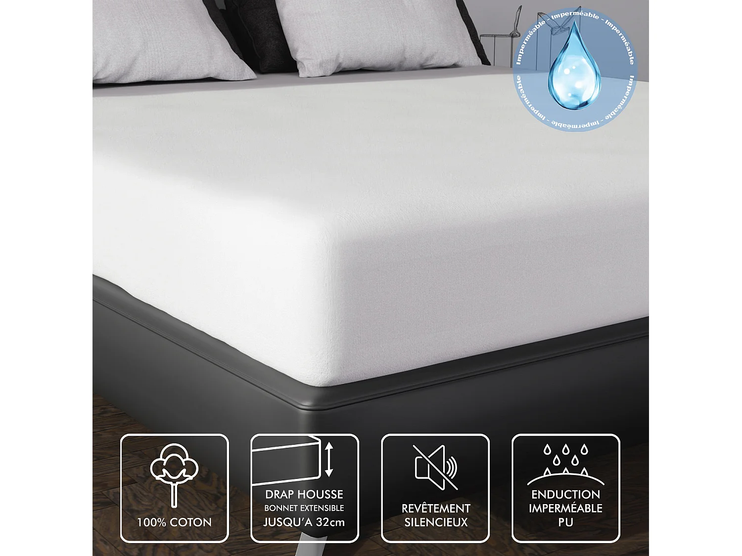 Protege matelas coton 70x190 cm MOLLETON imperméable pour lit à têtes et pieds relevables, par Soleil d'ocre