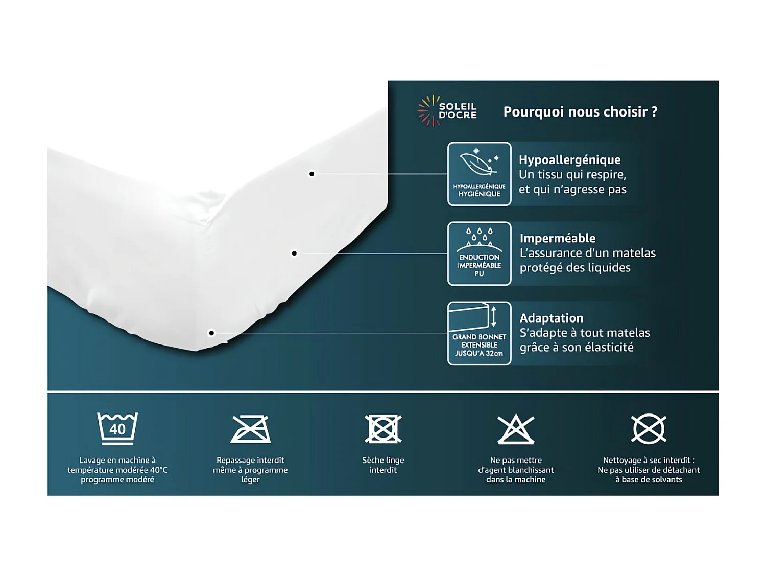 Protege matelas coton 80x200 cm MOLLETON imperméable pour lit à têtes et pieds relevables, par Soleil d'ocre