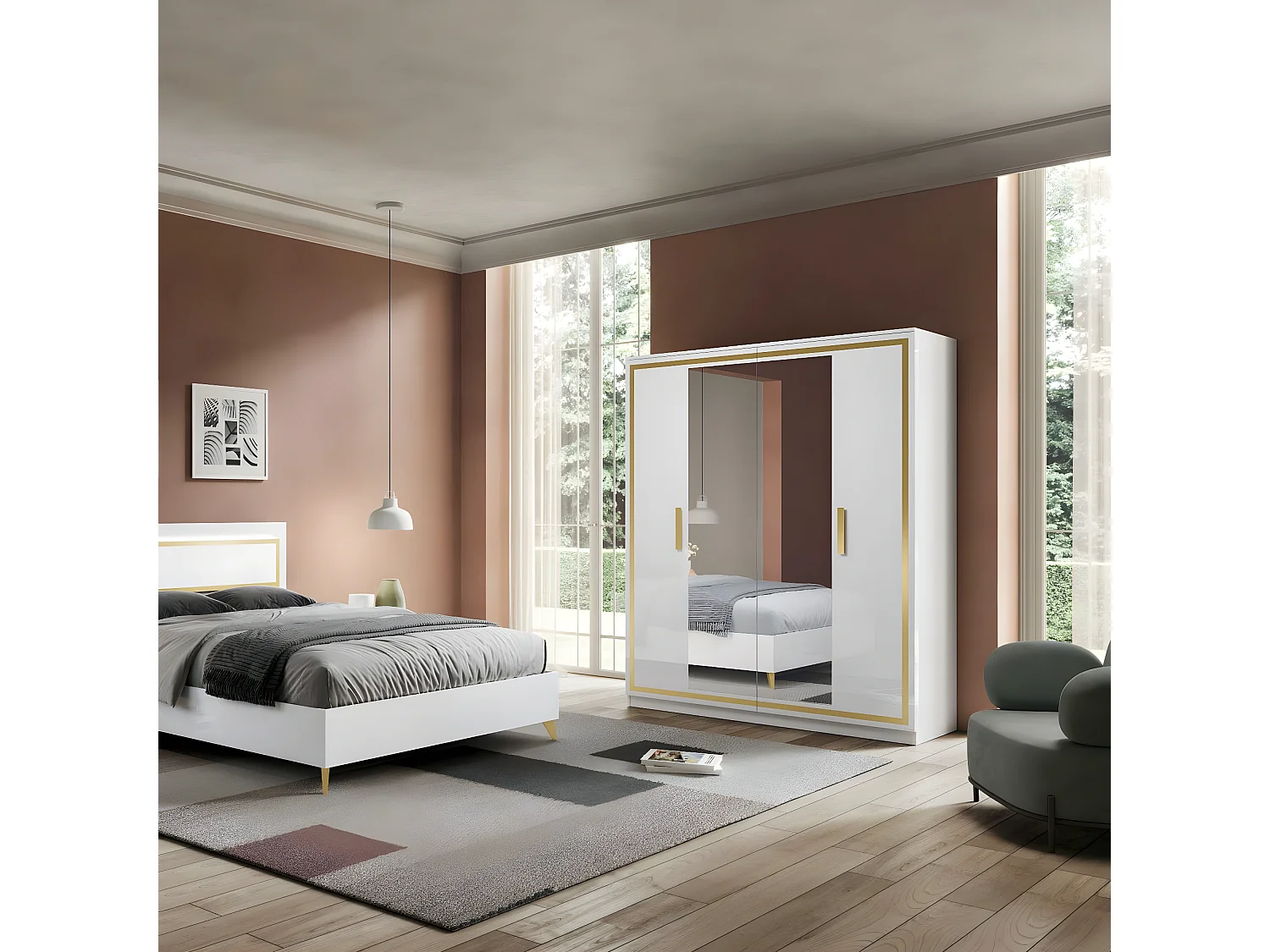 JEMMA - Armoire 4 Portes Laquée Blanc et Décor Doré avec Miroirs