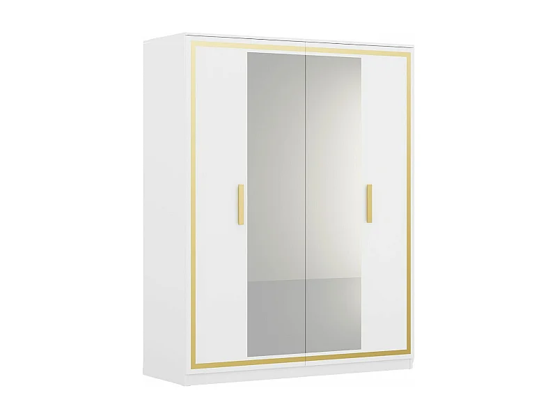 JEMMA - Armoire 4 Portes Laquée Blanc et Décor Doré avec Miroirs