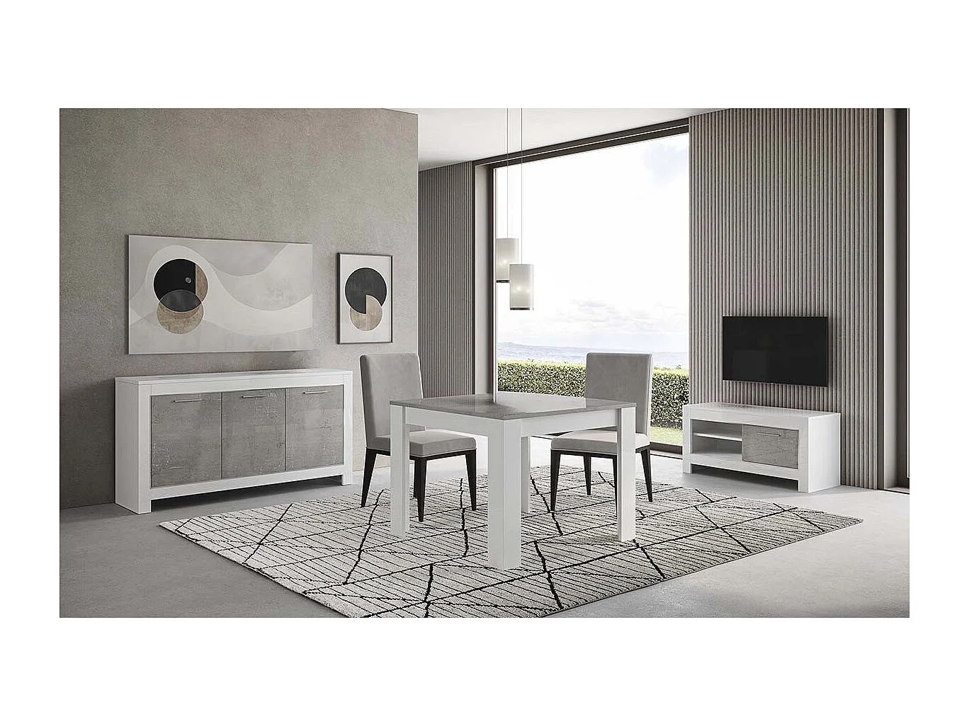 DENAE - Table Carrée 100cm Laquée Blanc Brillant et Gris Marbré