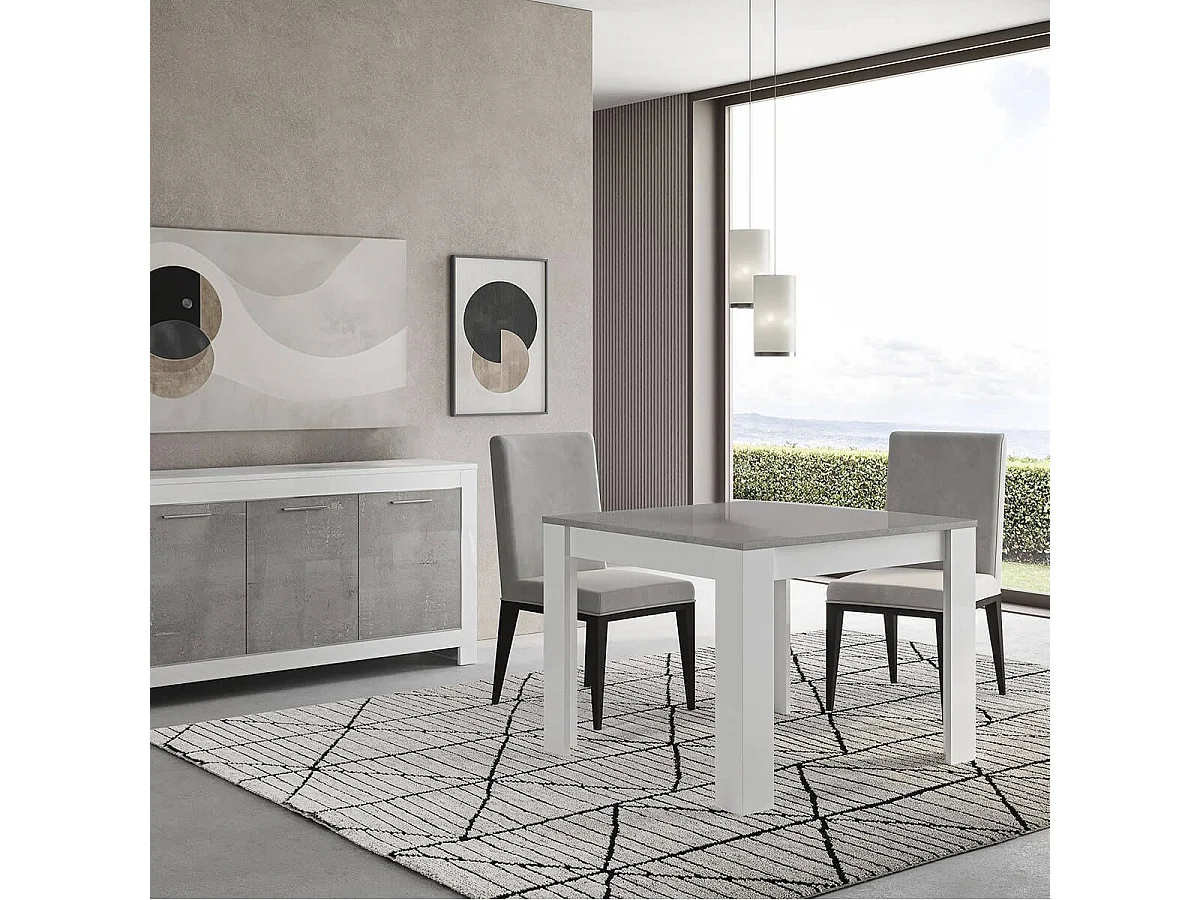 DENAE - Table Carrée 100cm Laquée Blanc Brillant et Gris Marbré
