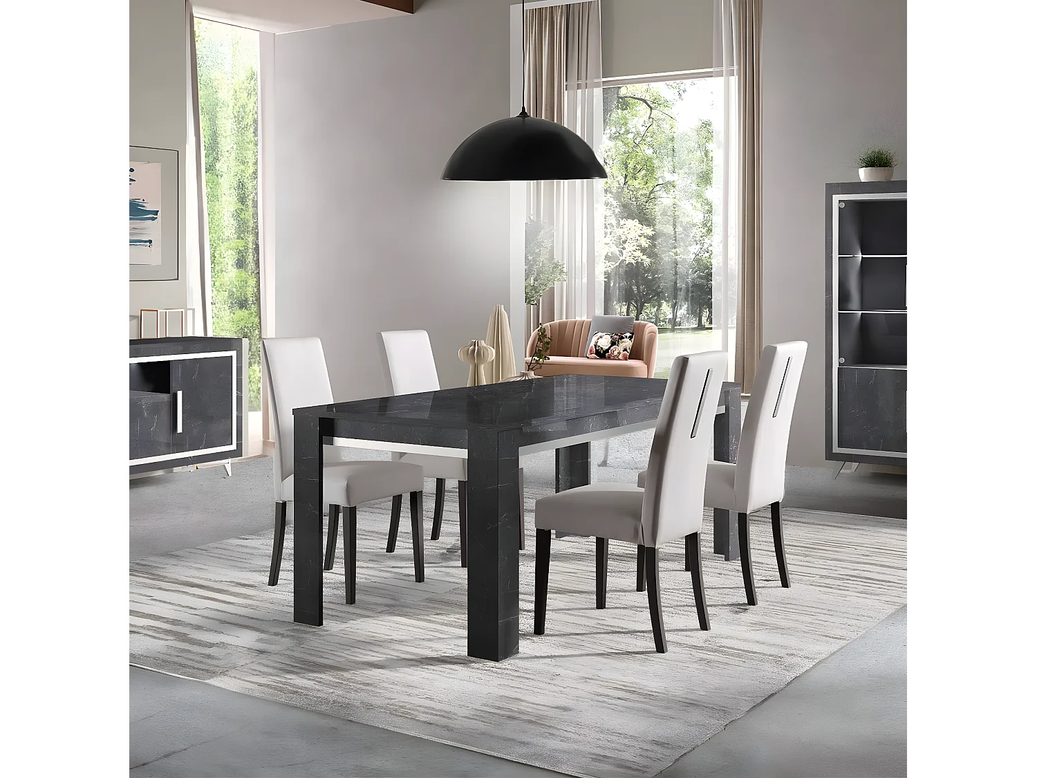 GUEDA - Table 160x90cm Effet Marbre Anthracite Finition Argent