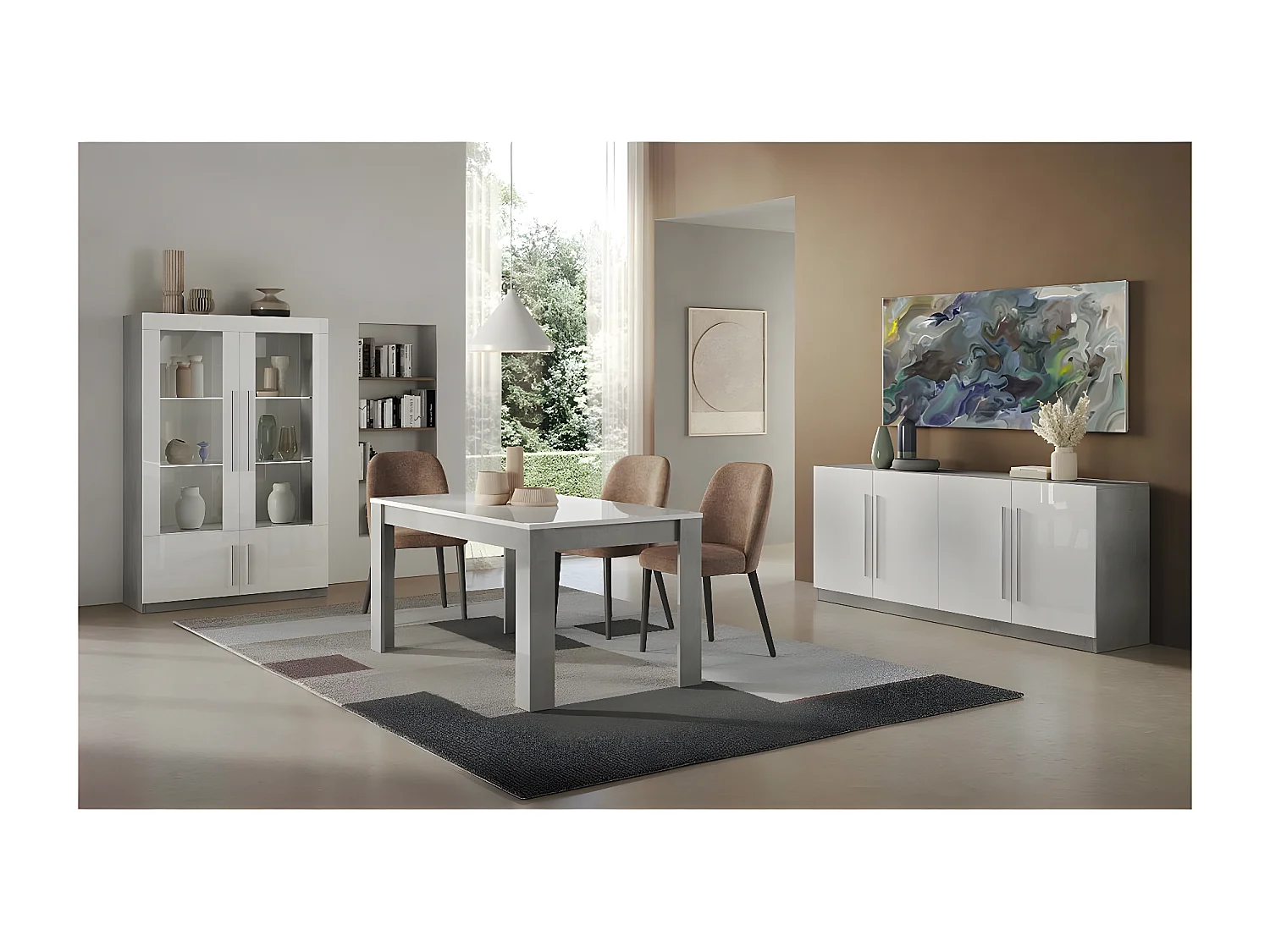 CLARK - Table de Repas Rectangulaire 190x90cm Laquée Blanc et Marbre