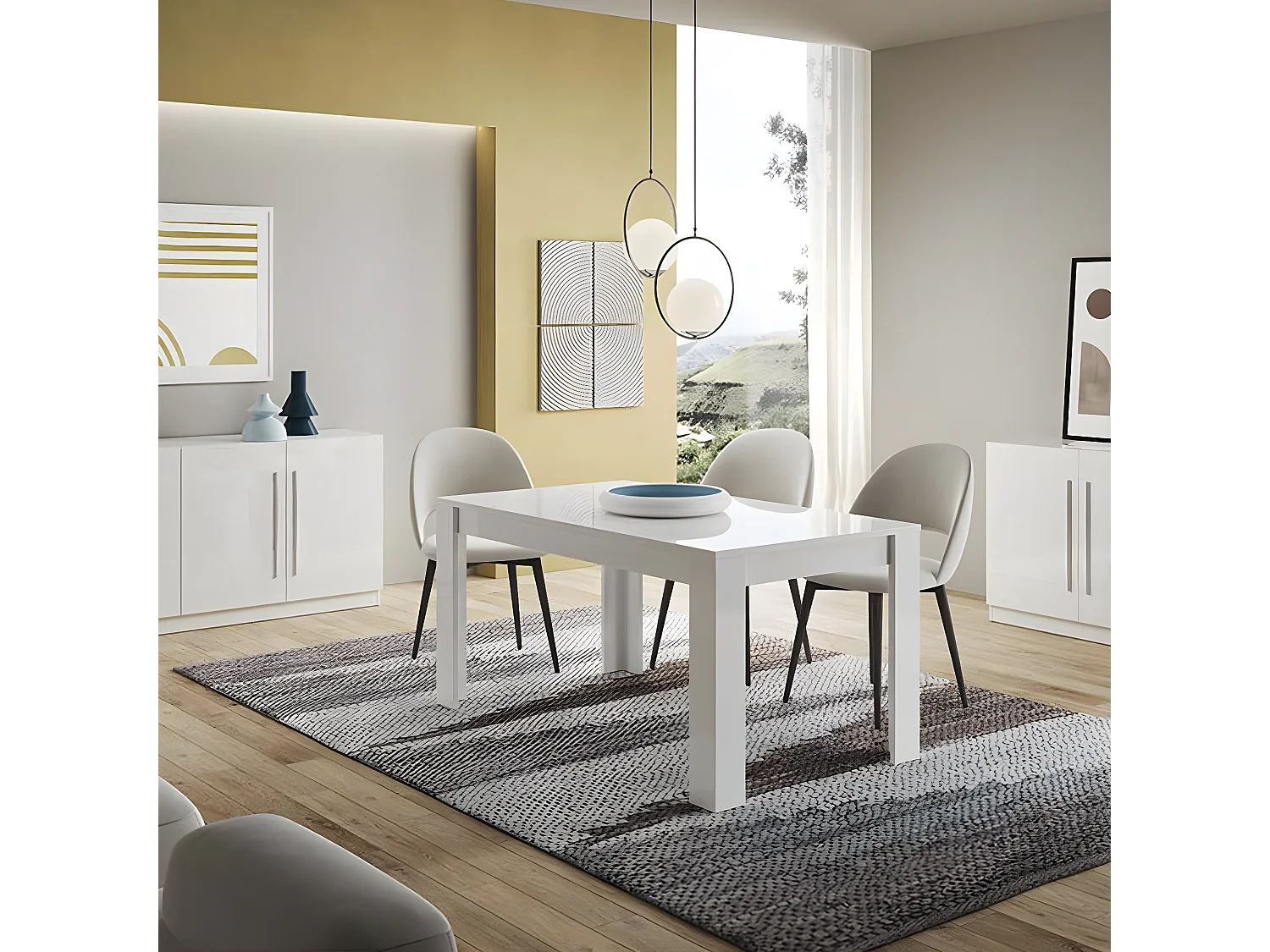 CLARK - Table de Repas Rectangulaire 190x90cm Laquée Blanc et Marbre